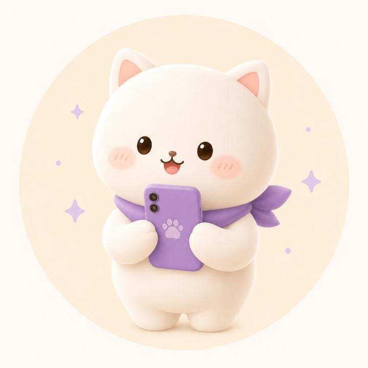 紫のスマートフォンを持つ、白いネコのMIMI